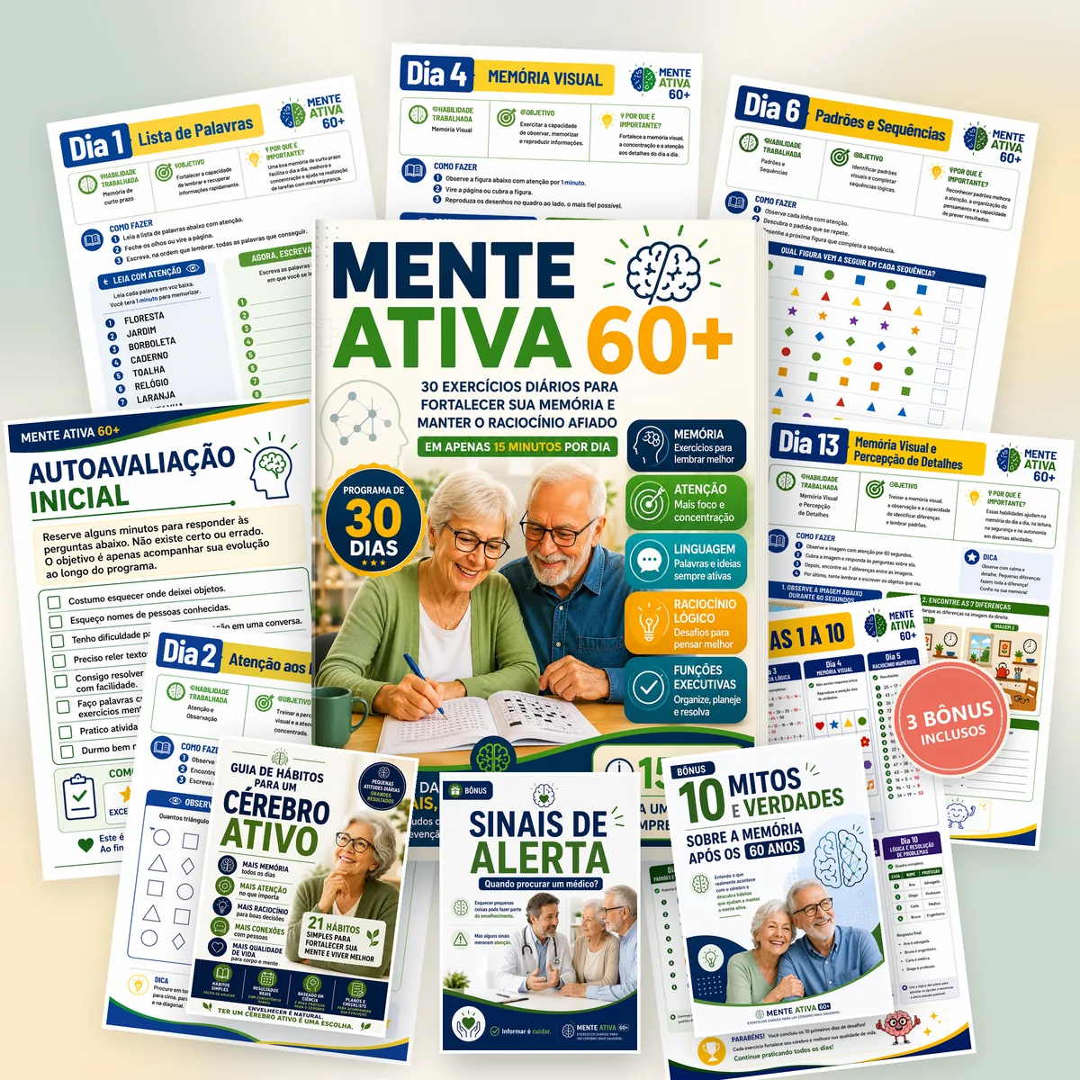 E-book Mente Ativa 60+ com páginas internas e os 3 bônus