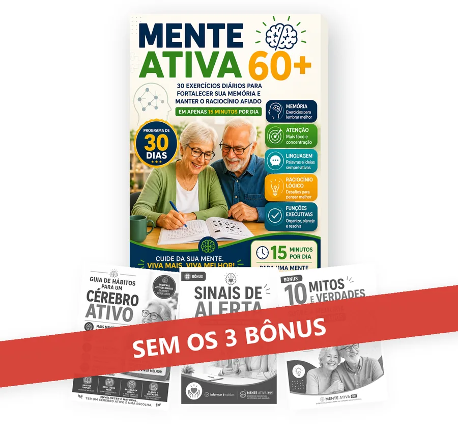 E-book Mente Ativa 60+ com os 3 bônus em cinza e a tarja: sem os 3 bônus